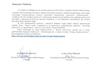 Komunikat Powiatowego Inspektora Nadzoru Budowlanego w Bochni i Komendanta Powiatowego Państwowej Straży Pożarnej w Bochni